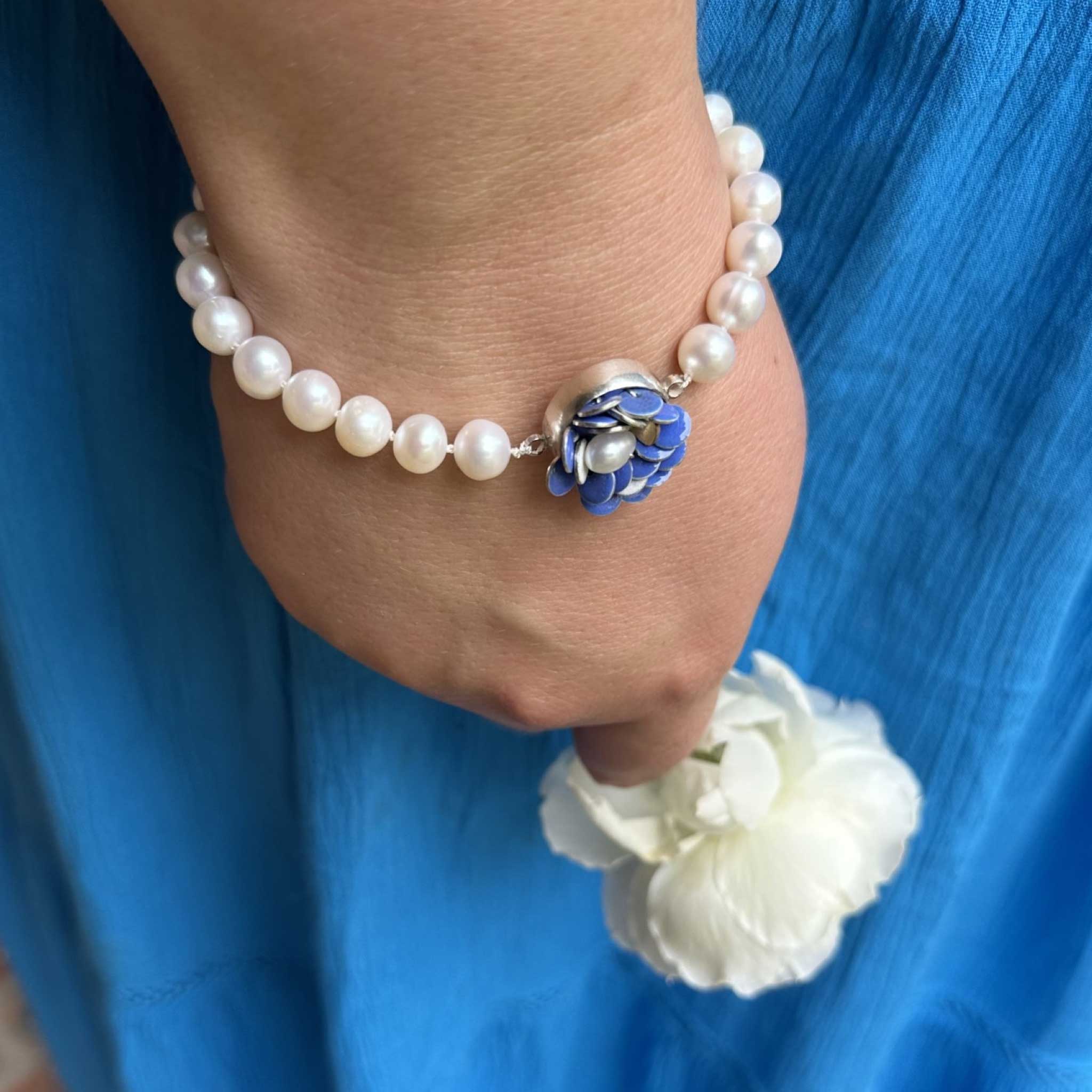 Silver, Gold and Enamel Bloom Pearl Bracelet